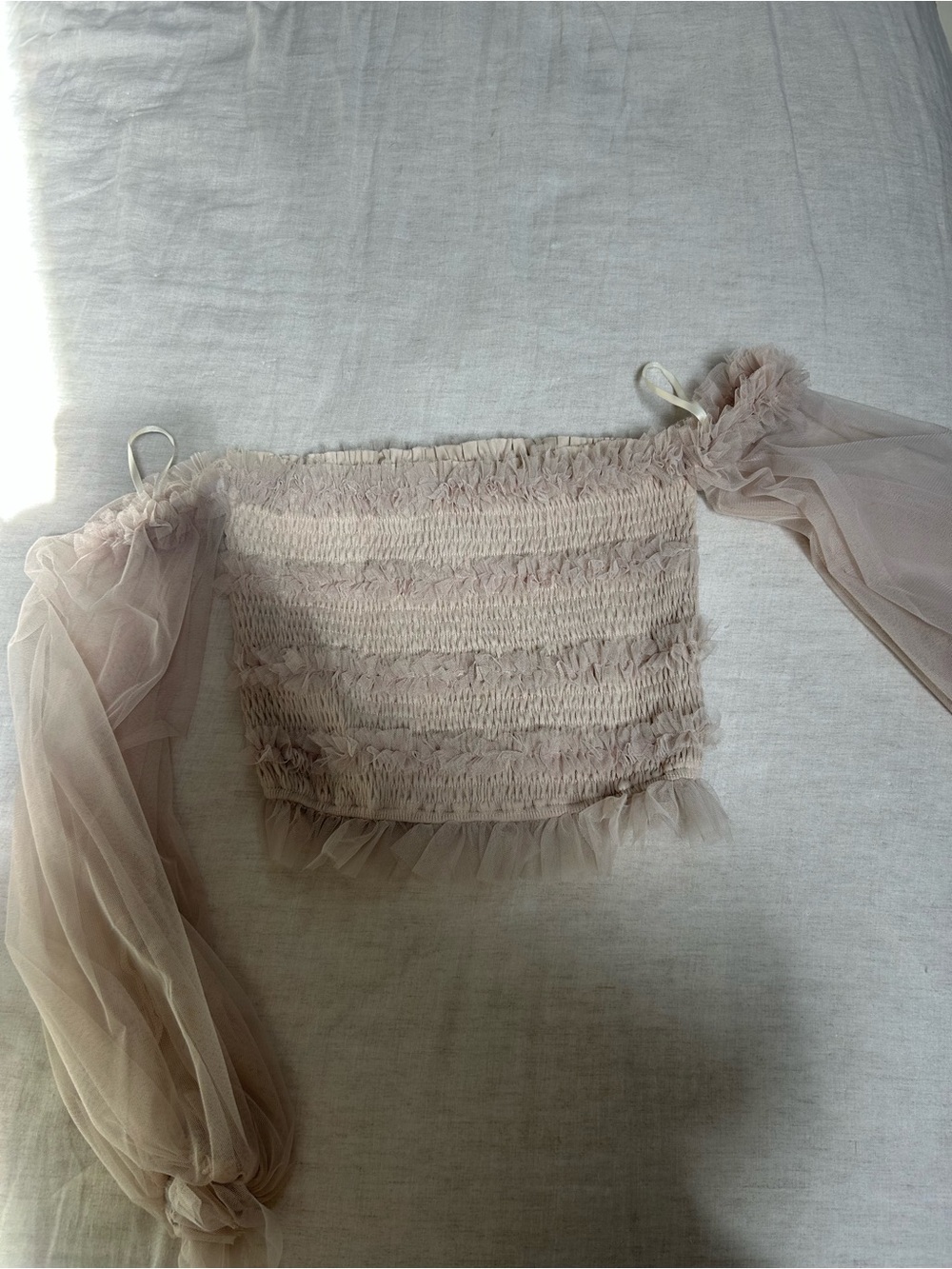 MARBLE Beige Ruffled Smocked Tulle Skirt